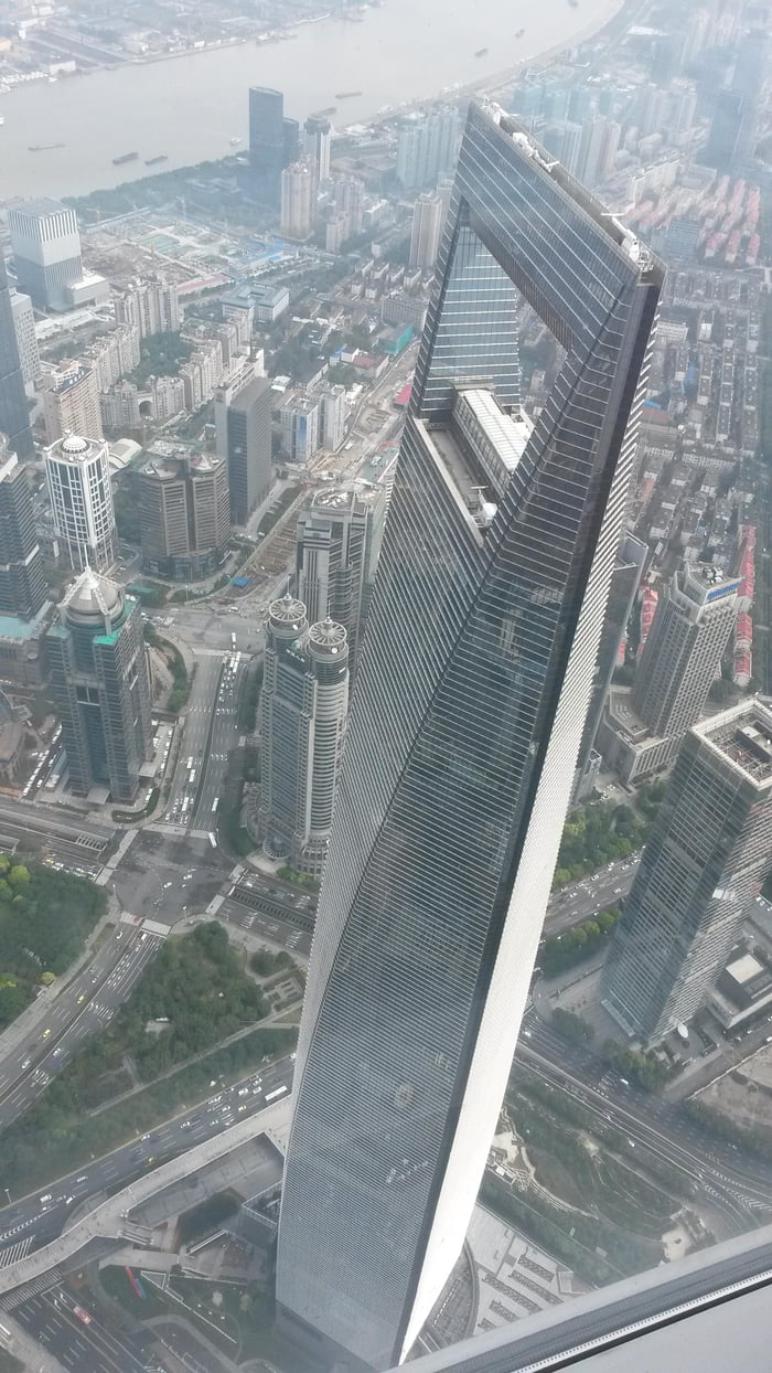 Looking down on the second tallest building in Shanghai from the tallest building in Shanghai