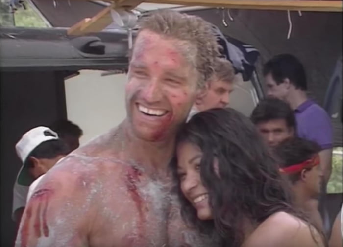 Between Takes In The 1987 Movie Predator Arnold Schwarzenegger Can