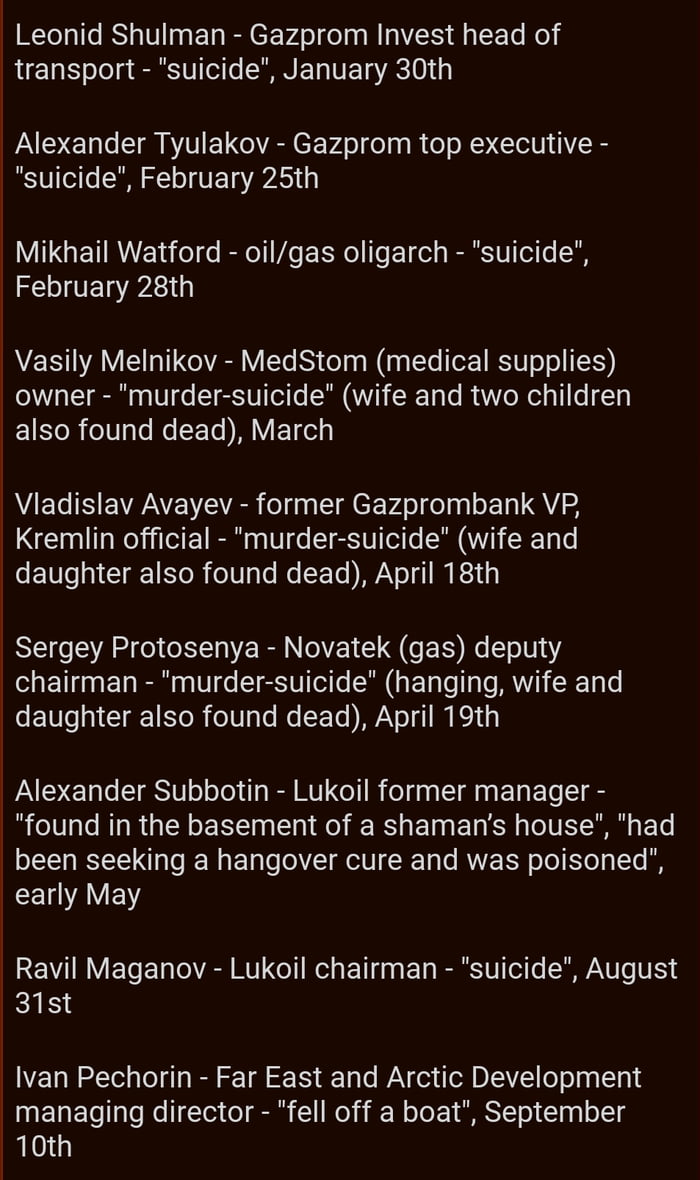 High Ranking Russian Oligarch Suicide List From This Year 9GAG