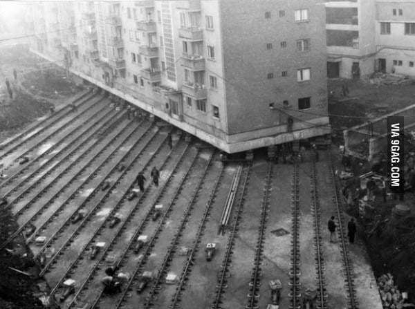 Moving a massive building while the people were still inside; 30 years ago!