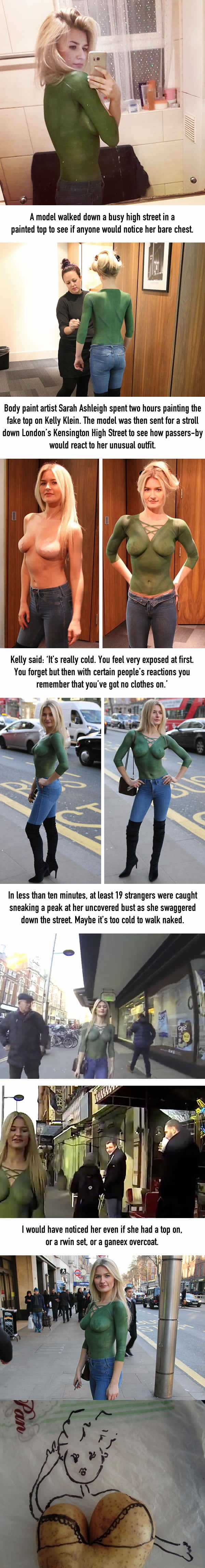 Sarah Ashleigh body painted a fake top on model Kelly Klein see if anyone notice her bare chest