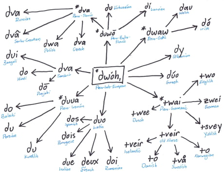 The evolution of "two" in various Indo-European languages