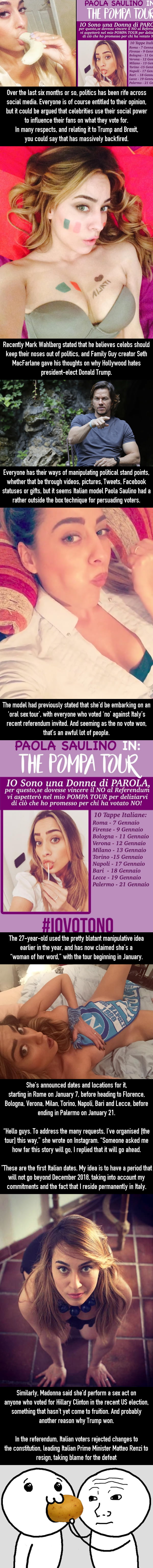 Model Embarking On Oral Sex Tour For People Who Voted "No" In Italy Referendum