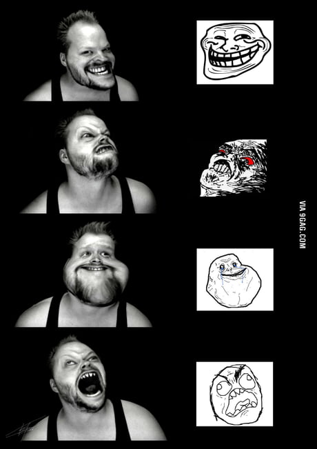 What is the name of the meme face on the phone. - 9GAG