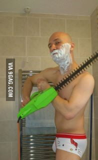 A real man shave with hedge trimmer in Hello Kitty underwear - 9GAG