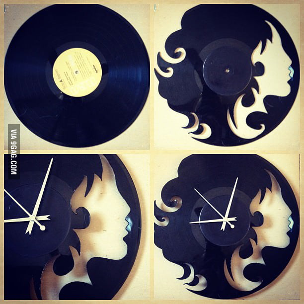 A clock made out of vinyl record. 9GAG