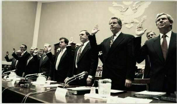 CEOs of 7 major tobacco corporations testifying under oath that nicotine does NOT cause addiction. 1994.