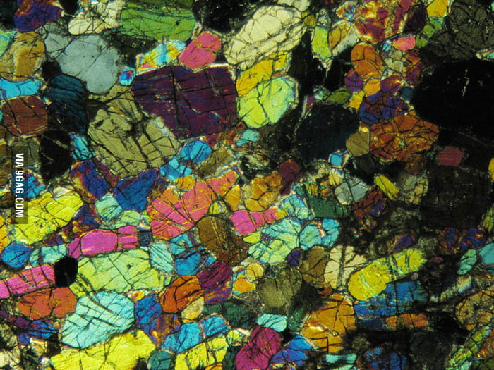 Thin section of lherzolite in cross-polarised light. (Basically a piece ...