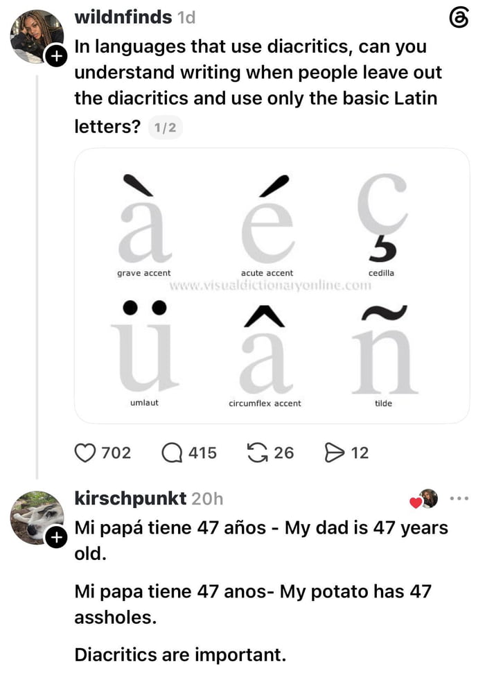 Diacritics save lives and potatoes