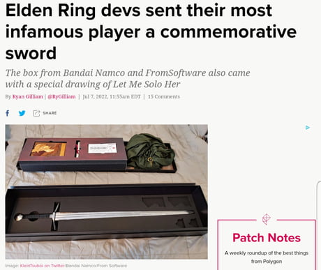 Bandai Namco Sends 'Elden Ring' Legend, Let Me Solo Her, An Actual Sword