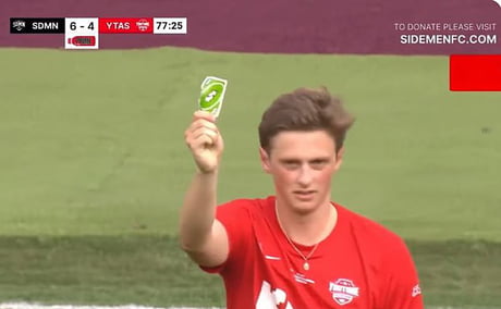 Player whips out an UNO Reverse card after he's given a yellow card by the  referee
