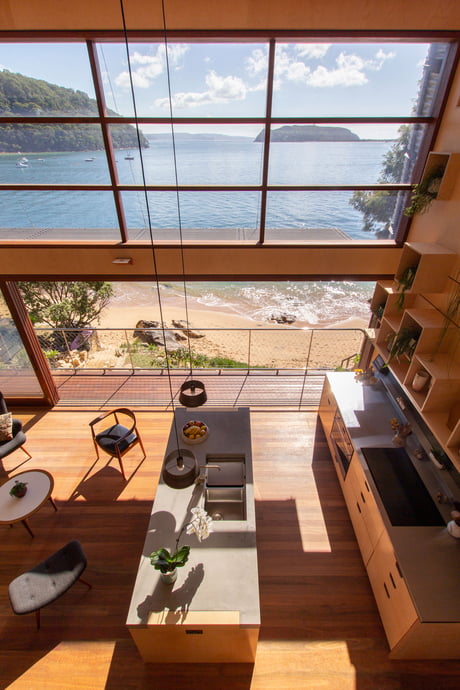 Open Kitchen And Dining Area Features A Large Glass Wall To Take Advantage Of The View Of The Ocean In This Home Located In Great Mackerel Beach Australia 9gag