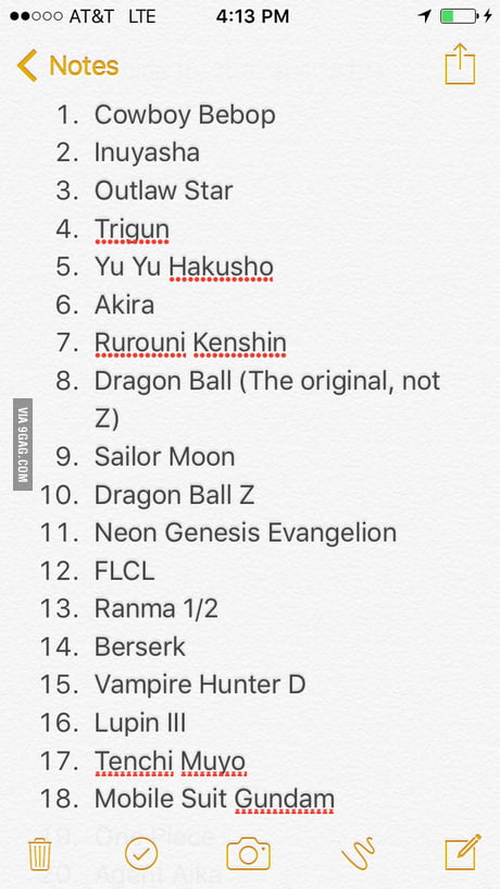 A list of anime all newcomers should watch! Know your roots! 19. One Piece  20. Agent Aika. They got cut off - 9GAG