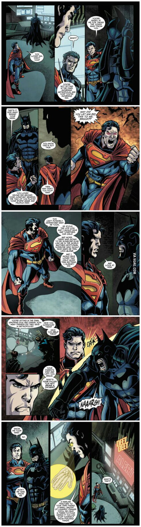 Joker destroys metropolis and drugs superman, fooling him to kill Lois.  Superman responds by killing the joker. - 9GAG