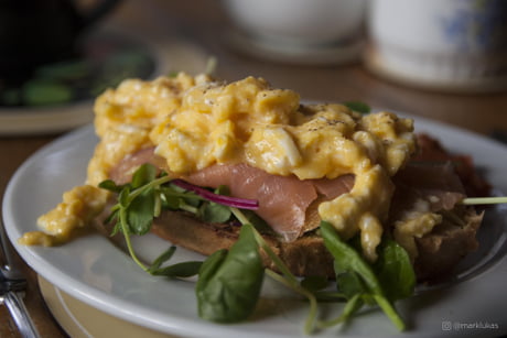 Scrambled Eggs Scottish Smoked Salmon Baby Spinach And Watercress On A Toasted Slice Of Onion Boule 9gag