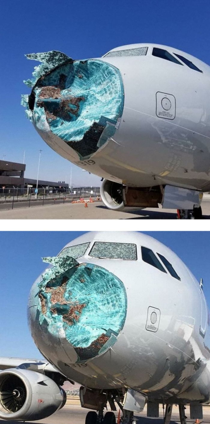 American A319 near El Paso on Jun 3rd 2018, severe hail strike. - 9GAG