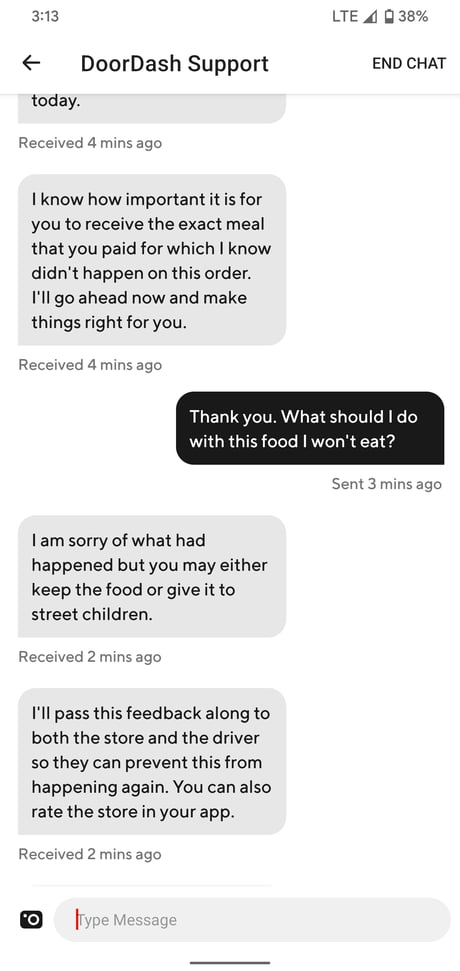 Got an interesting response from the DoorDash chat agent thingy