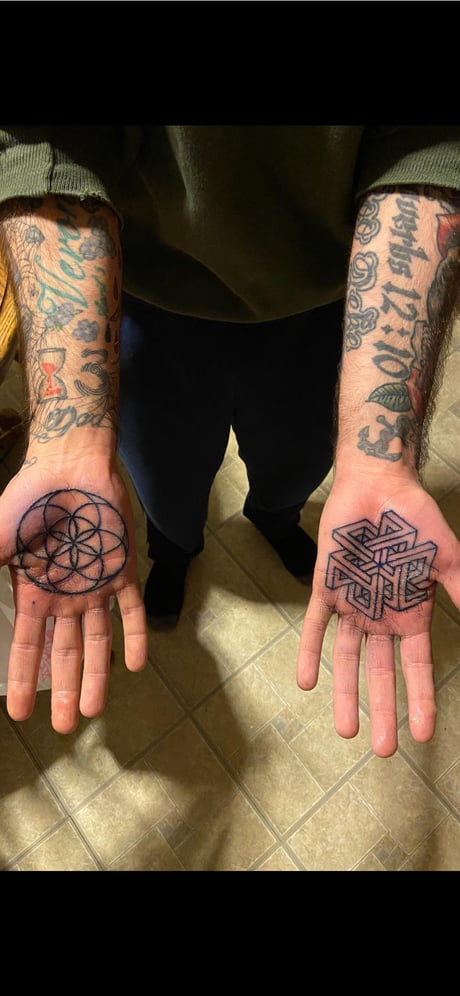For the people looking to get palm tattoos! If done correectly theese can  stick for quite a while. On the left is the newly done tattoo, to the right  7 months old.