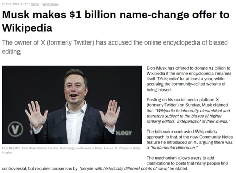 Elon Musk Says He'll Give Wikipedia $1 Billion if They Change Their Name to  D*ckipedia