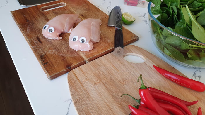 Here are some chicken breasts with googly eyes - 9GAG