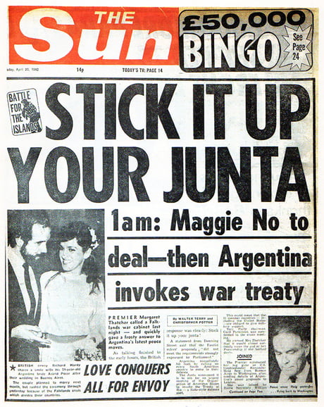 The Sun (UK Newspaper) headline after the Argentine invasion of the  Falkland Islands. - 9GAG