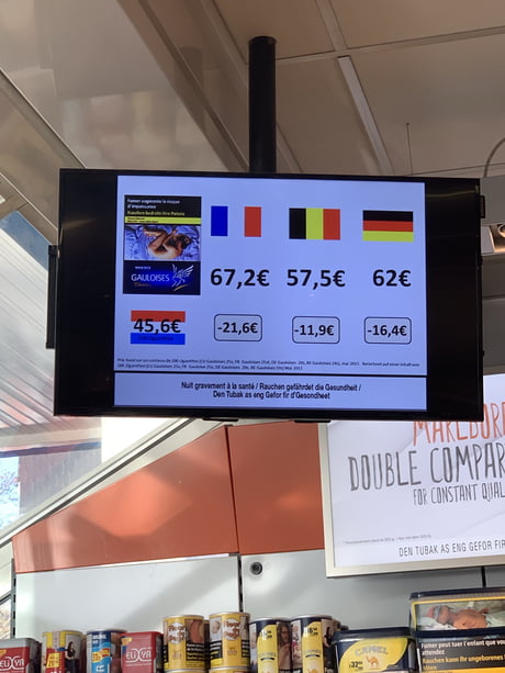 In Luxembourg, gas, alcohol and tobacco are cheaper than in the neighbour  countries. Now, gas station shamelessly display price differences for  tobacco... It's the first time I see a screen like this