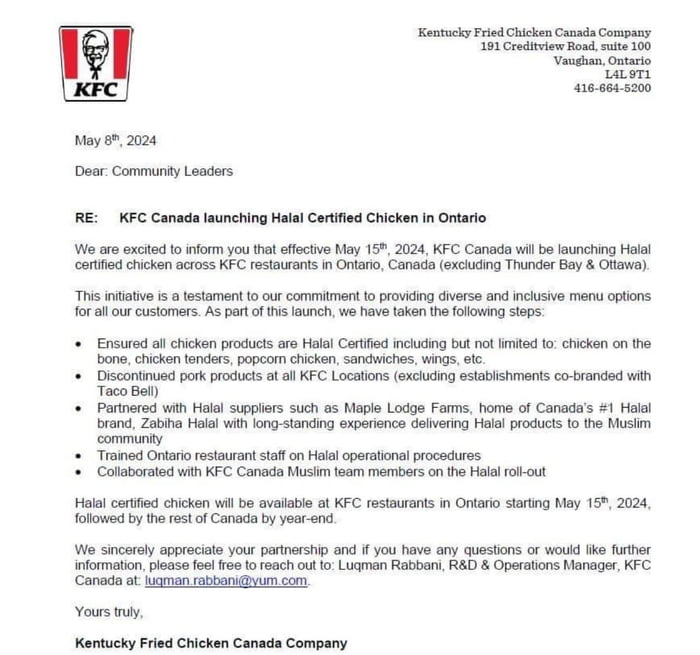 KFC in Canada is going to serve Halal certified meat to every single