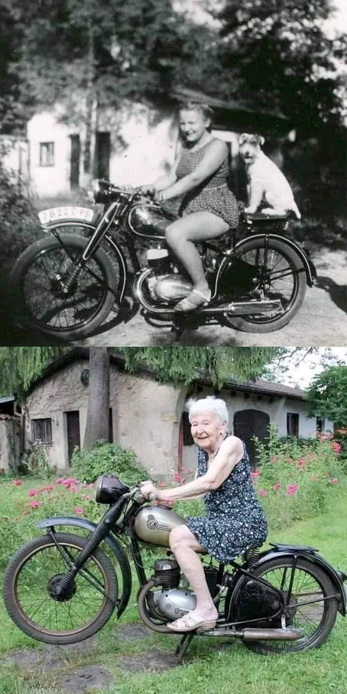Same girl, Same bike, 71 years later
