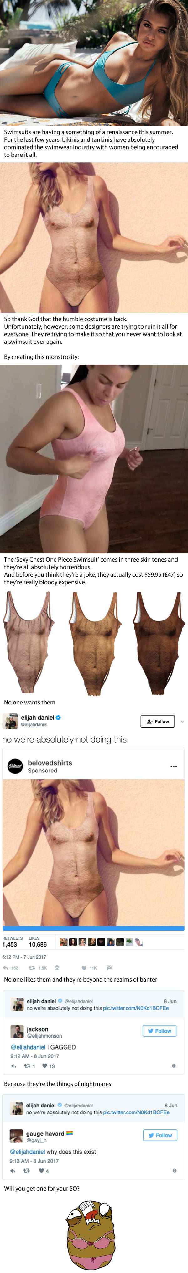 This ‘sexy chest’ costume is undoubtedly the most horrific piece of swimwear ever