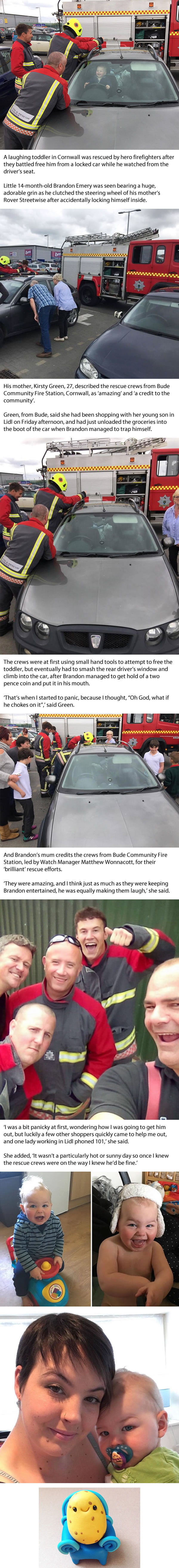 Tot gear: Toddler who accidentally locked himself in his mother's car laughs as five firefighters try to free him