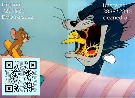 As a small side project currently I have been experimenting on upscaling a  Tom and Jerry cartoon to 4K, you can watch the end result (full episode) by  scanning the QR code.