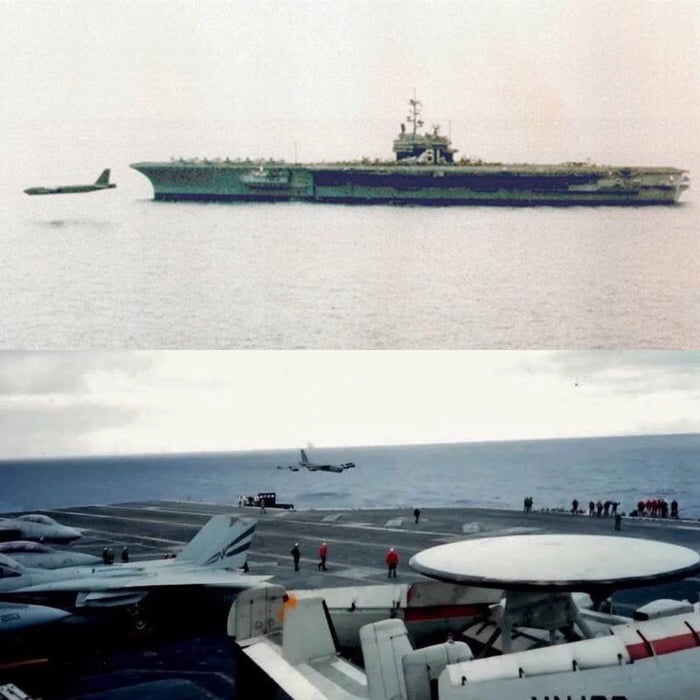 B-52 doing a flyby of the USS Ranger aircraft carrier in the Persian Gulf (1990). B-52 pilot: “Ranger, we’re 5 miles out” USS Ranger: “We do not have visual B-52 pilot: “Look down”