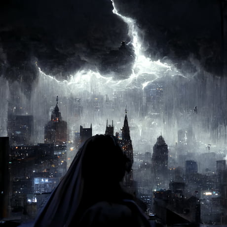 Batman looking out over Gotham. Via: AI Art - 9GAG