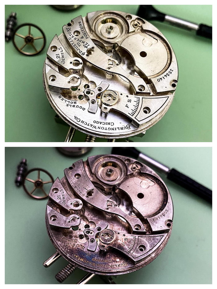 Plates of a pocket watch from 1919 after cleaning 103 years worth of