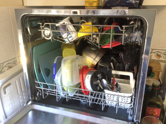 Cleaners stacked the dishwasher to the absolute maximum. And put in the