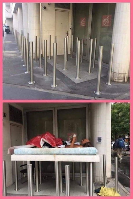 A French bank set up 30 columns to prevent a vagrant from sleeping in front of the entrance