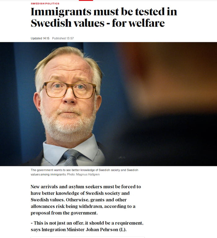 Swedish Minister Of Integration Johan Pehrson Swedish Values Must Become A Requirement For 