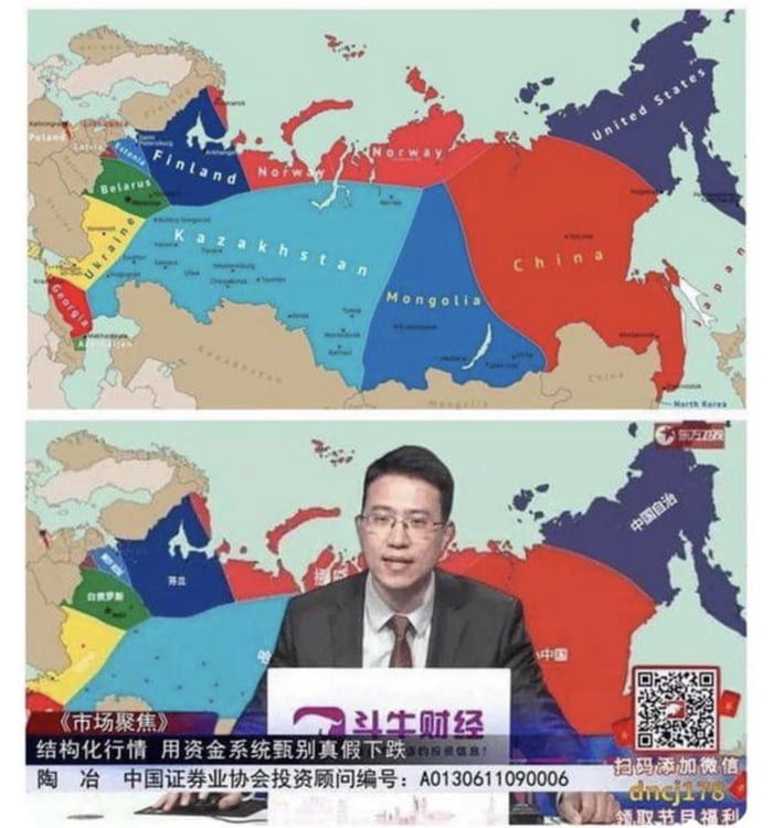 Just in case: Chinese state TV channel CCTV showed a map explaining which countries will receive the territories of the Russian Federation after its collapse.