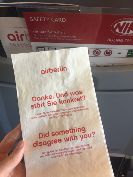 The Vomit Bag From Airberlin The German Text Means Thank You And What Exactly Disturbs You 9gag