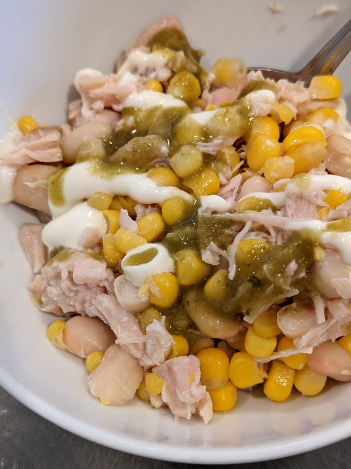 Canned chicken, corn, and navy beans. microwaved and topped with