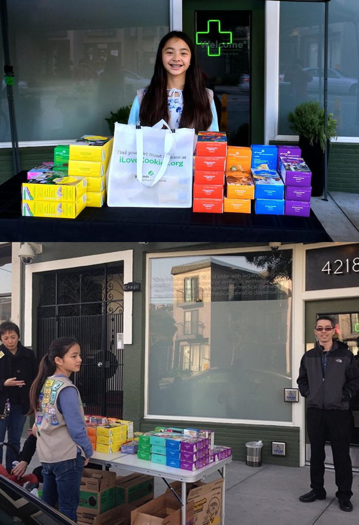 13-year-old Danielle Lei, a girl scout from San Francisco starting selling cookies outside a medical marijuana dispensary. Sold 117 boxes in 2 hours