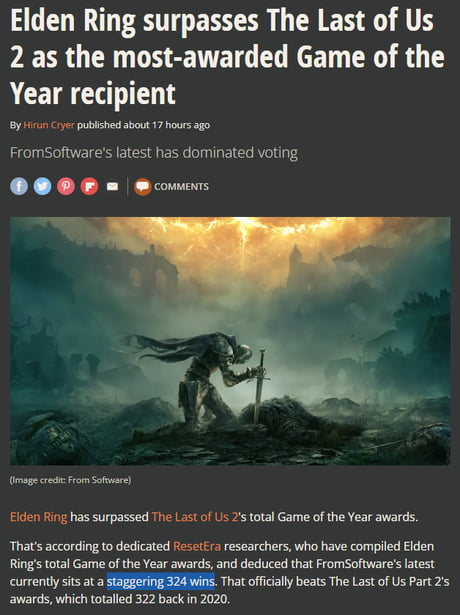 Elden Ring surpasses The Last of Us 2 as the most-awarded Game of the Year  recipient