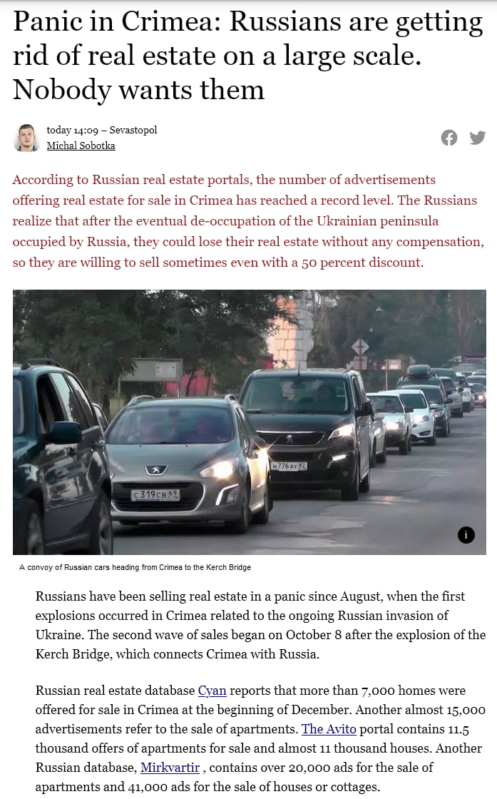 Russian rats run away from Crimea. A one-room apartment has dropped in price to some 40-60K euros, but I wouldn't buy it. It may be expropriated UA property that Putin stole from the Ukrainians. And after the war - an indictment from the UA prosecutor.