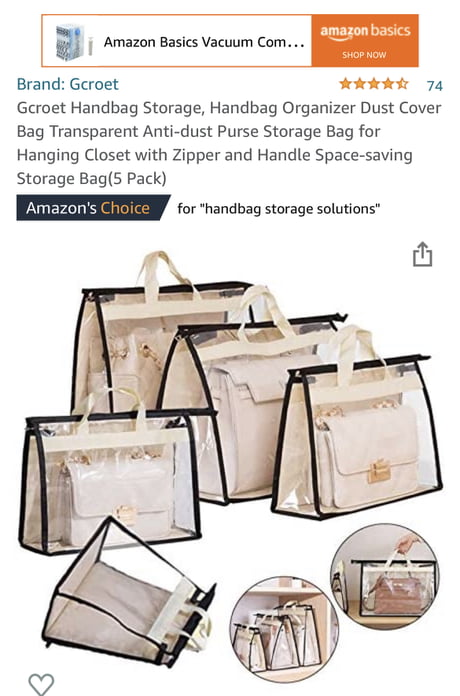 Spring Park Handbag Storage, Handbag Organizer Dust Cover Bag Transparent Anti-Dust Purse Storage Bag for Hanging Closet with Zipper and Handle Space