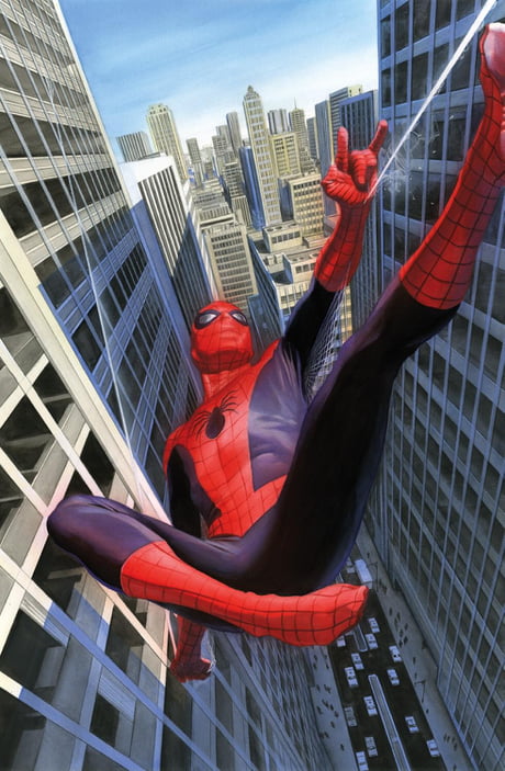 I love Alex Ross' realism style. I love how Spider-Man looks like he's  wearing a fabric costume. Dem lips. - 9GAG