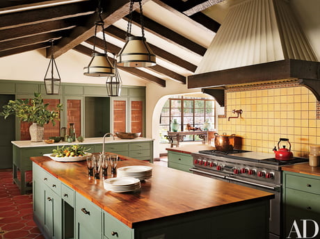 Kitchen with green cabinetry in a restored and renovated 1930s residence, Coldwater Canyon, Los Angeles County, California