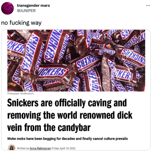 Snickers Responds To Claims It Removed The 'D**K Vein' From Its