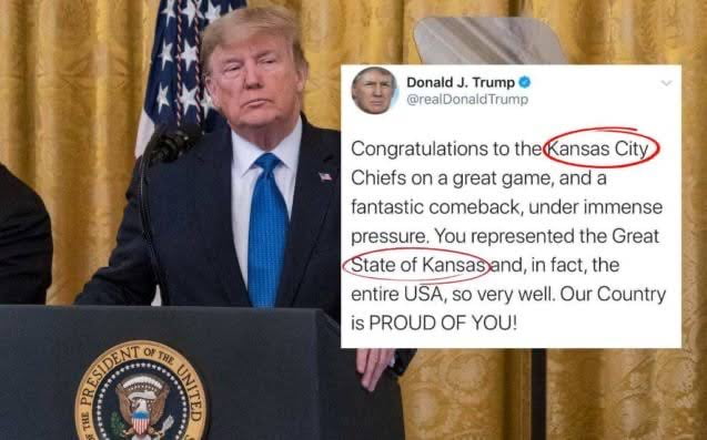 Stable Genius congratulates the wrong state on Super Bowl Victory.