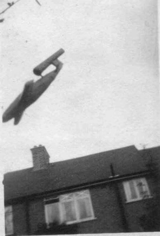 German V1 missile landing in London, 1944. Photographer was killed while taking this picture.