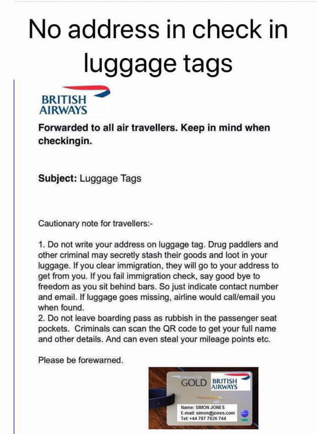 british airways luggage tag warning